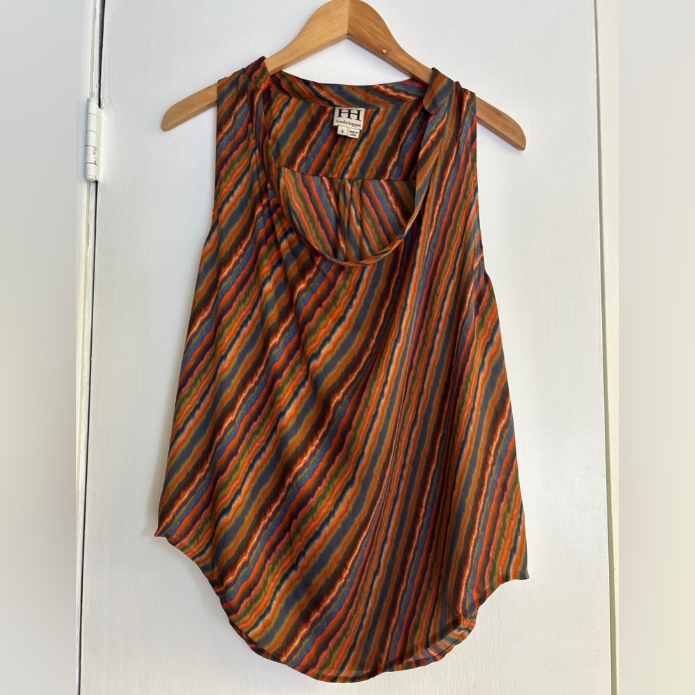haute hippie Silk Cowl Neck Top Tank, Orange Blue Green Wavy Stripe Round Hem, S